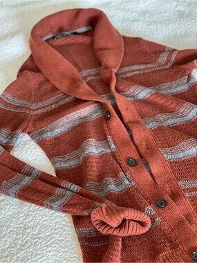 Banana Republic Women's Rust Shawl Collar Button-Up Sweater with Gray Stripe